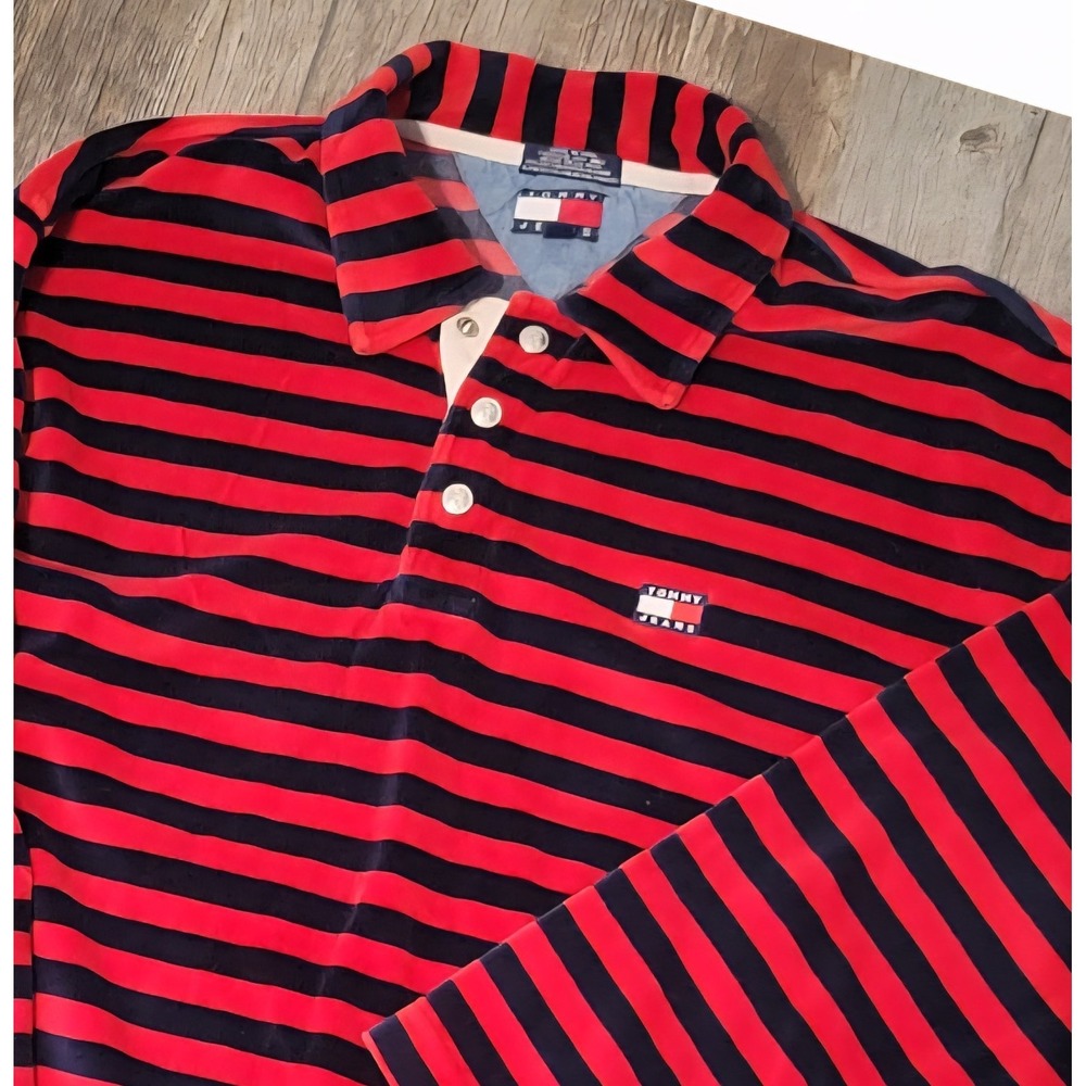 Vintage Tommy Jeans Velour Rugby Polo Shirt XL Red Navy Striped 90s Y2K